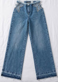 Jeans Wide Leg con Dettagli Strass e Cut-Out