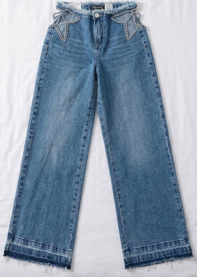 Jeans Wide Leg con Dettagli Strass e Cut-Out